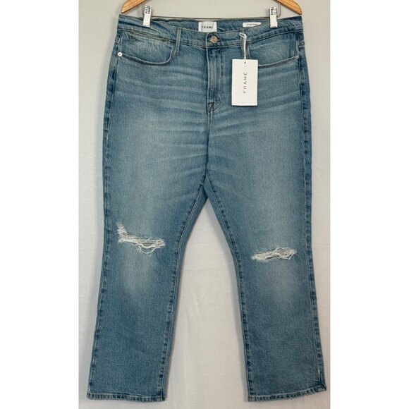 Frame Le High Straight Demarco Rips Jeans Size 33 Light Wash Distressed Denim - Picture 1 of 4